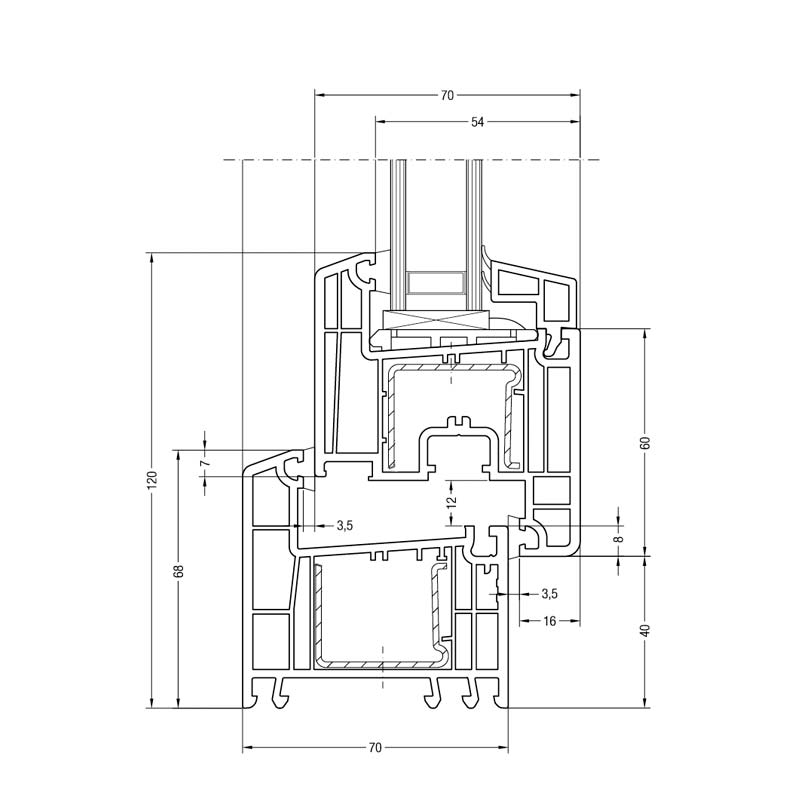 Plano del perfil del marco de ventana Rehau Euro-design 70