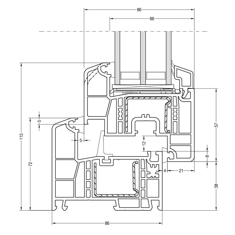 Plano del perfil del marco de ventana Rehau Geneo PHZ