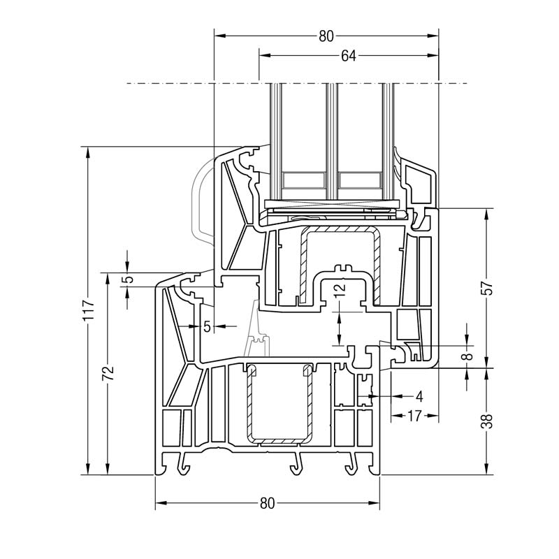 Plano del perfil del marco de ventana Rehau Synego