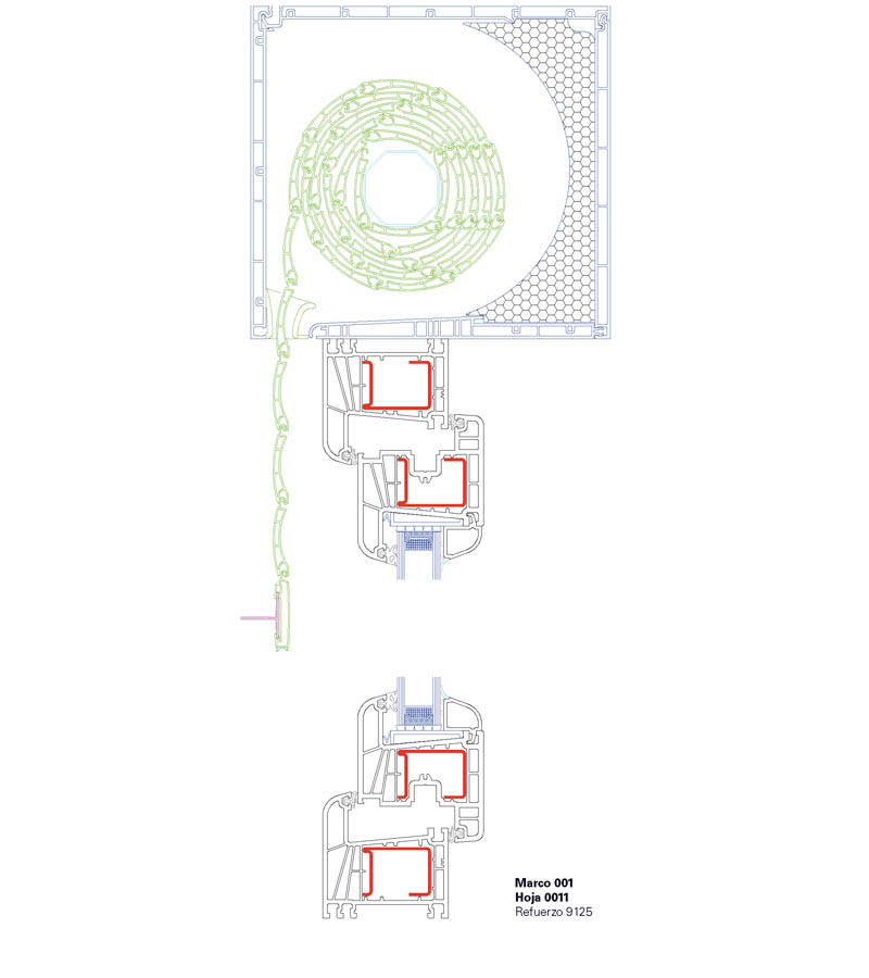 Plano del perfil Kömmerling EuroFutur Elegance con persiana