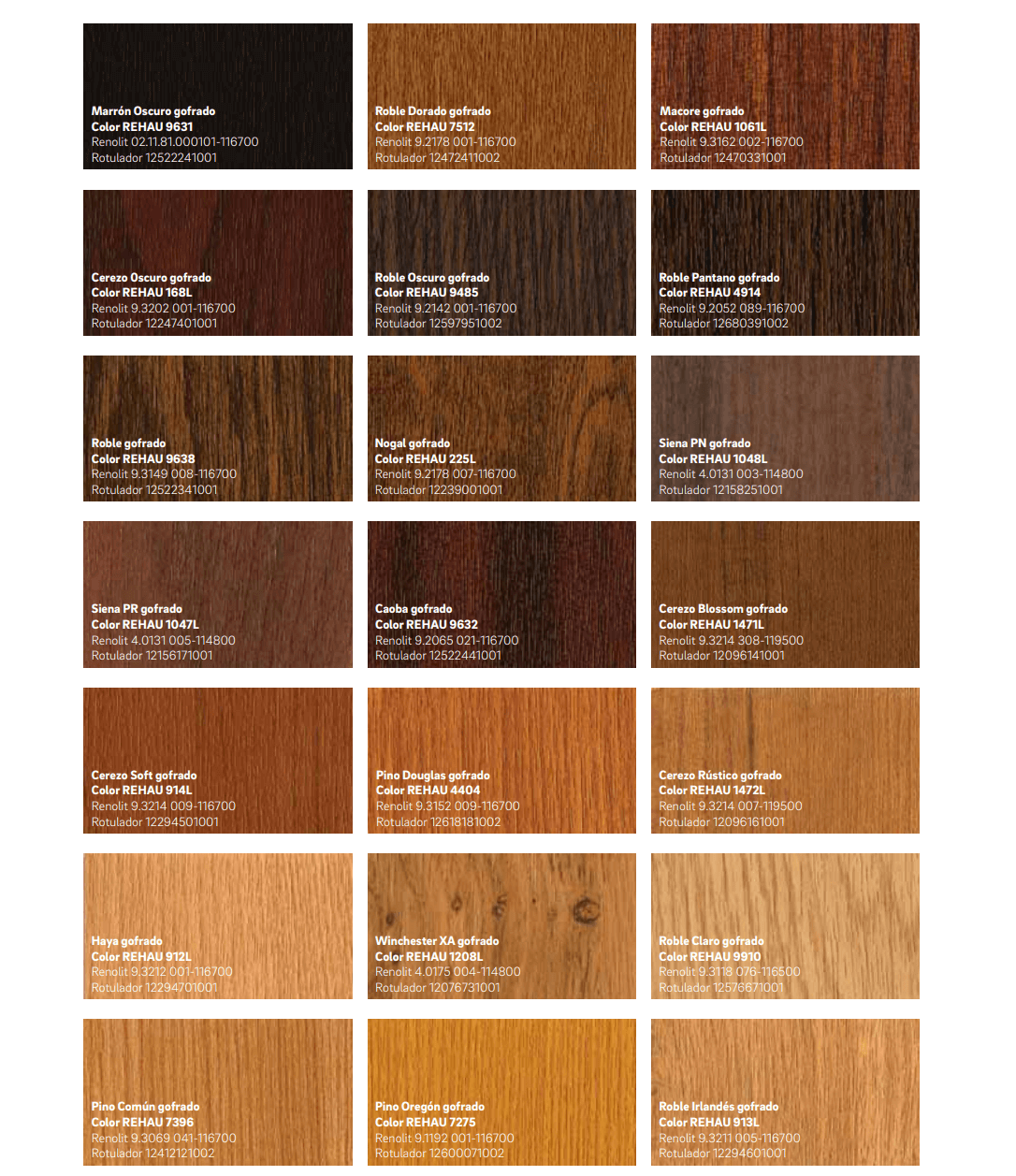 Catálogo de laminación de madera y colores Rehau Synego. Página 1