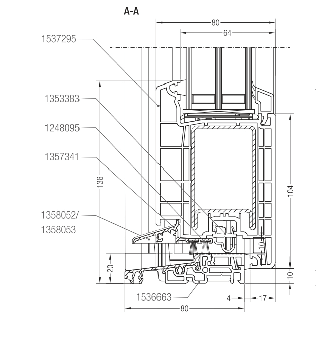 Sección técnica del perfil Rehau Synego 80mm: dimensiones y estructura de cámaras. Vista A